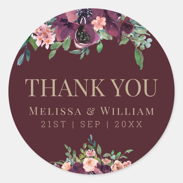Sticker Rond Aquarelle Floral Bourgogne Mariage Merci (Devant)