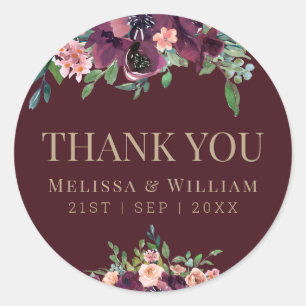 Sticker Rond Aquarelle Floral Bourgogne Mariage Merci