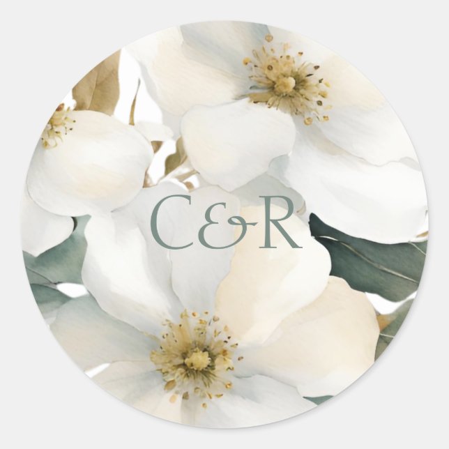 Sticker Rond Aquarelle Floral Couple Initiales Mariage (Devant)