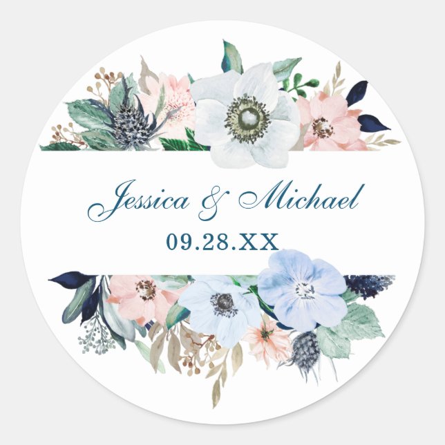 Sticker Rond Aquarelle Floral Elégant Bouquet Mariage bleu (Devant)