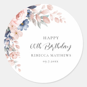 Sticker Rond Aquarelle Floral Élégant Script 60e Anniversaire