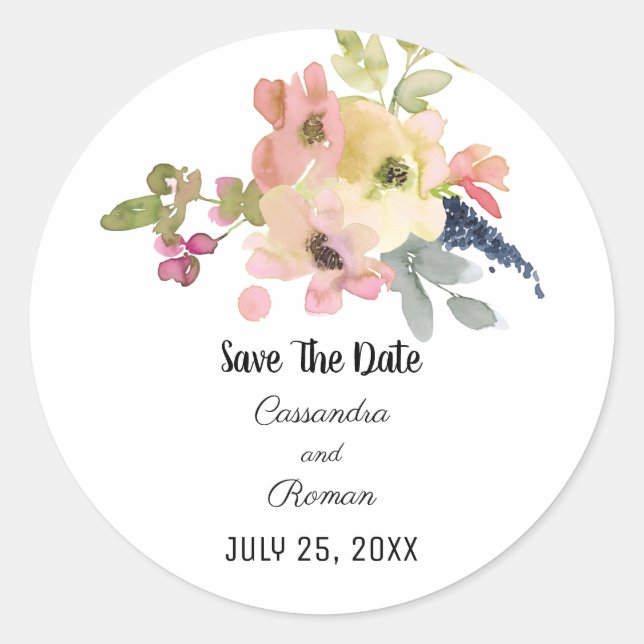 Sticker Rond Aquarelle Floral Enregistrer La Date (Devant)