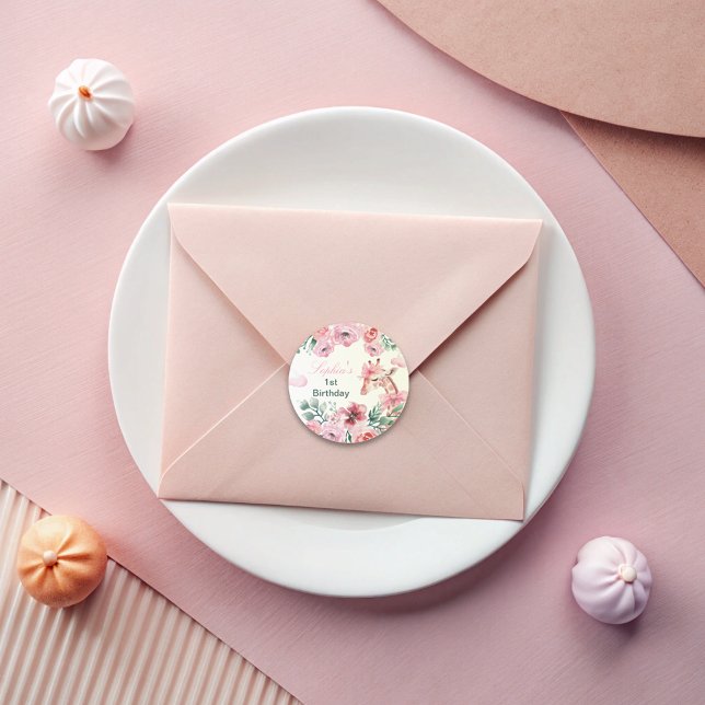 Sticker Rond Aquarelle Floral Giraffe Ribbon Girl Anniversaire (Créateur téléchargé)