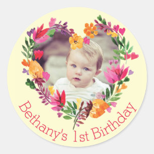 Sticker Rond Aquarelle Floral Heart Baby 1er Anniversaire Photo