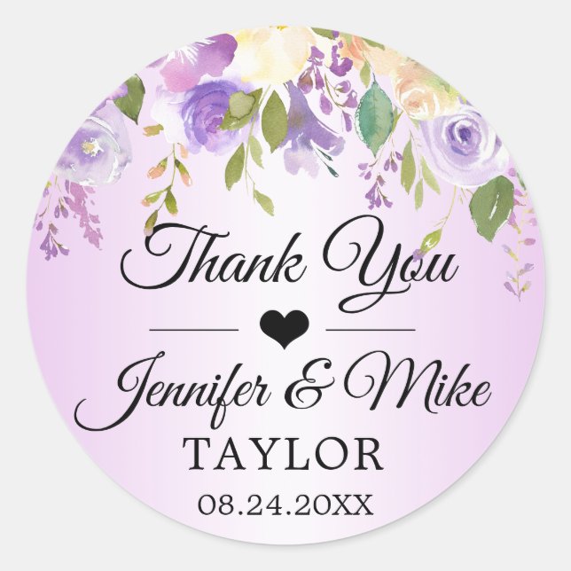 Sticker Rond Aquarelle Floral Lavande Purple Mariage Favoriser (Devant)