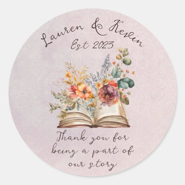 Sticker Rond Aquarelle Floral Love Story Livre Mariage (Devant)
