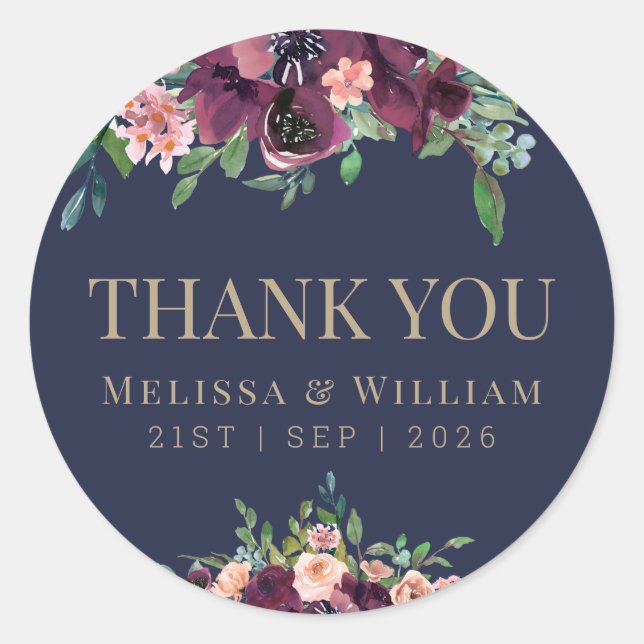 Sticker Rond Aquarelle Floral Marine Mariage Merci (Devant)