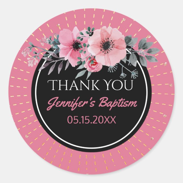 Sticker Rond Aquarelle Floral Merci Favoriser | Baptême de fill (Devant)