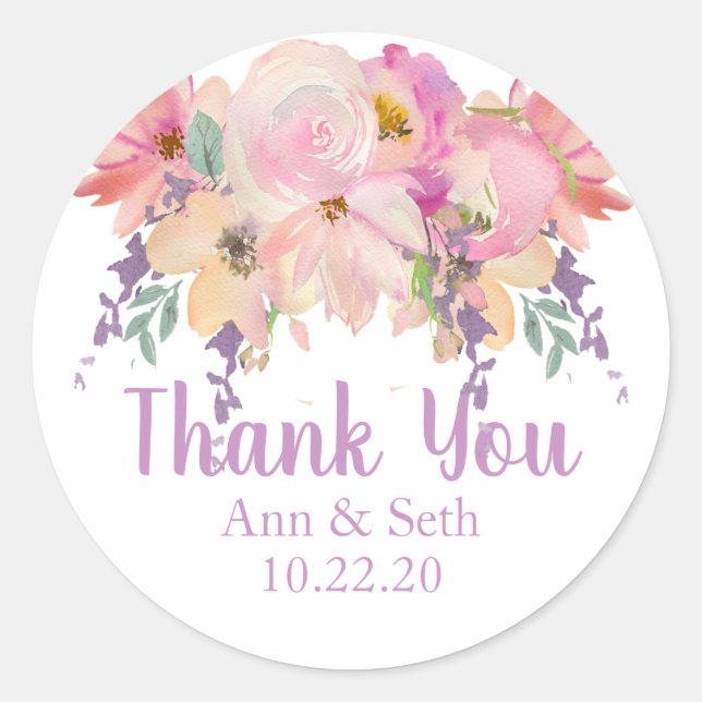 Sticker Rond Aquarelle Floral Merci Mariage Faveur (Devant)