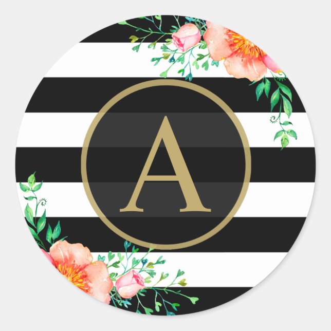 Sticker Rond Aquarelle Floral or Monogramme noir blanc bande (Devant)