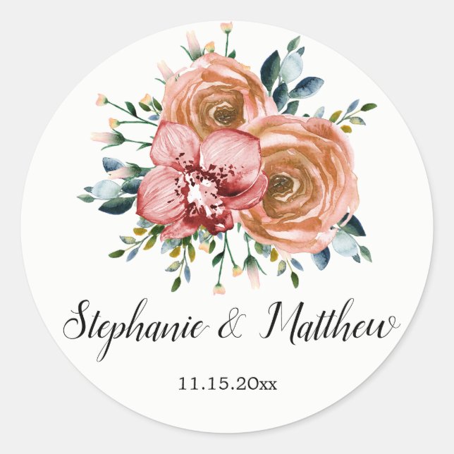 Sticker Rond aquarelle Floral Orange Rose Orchidées Mariage (Devant)
