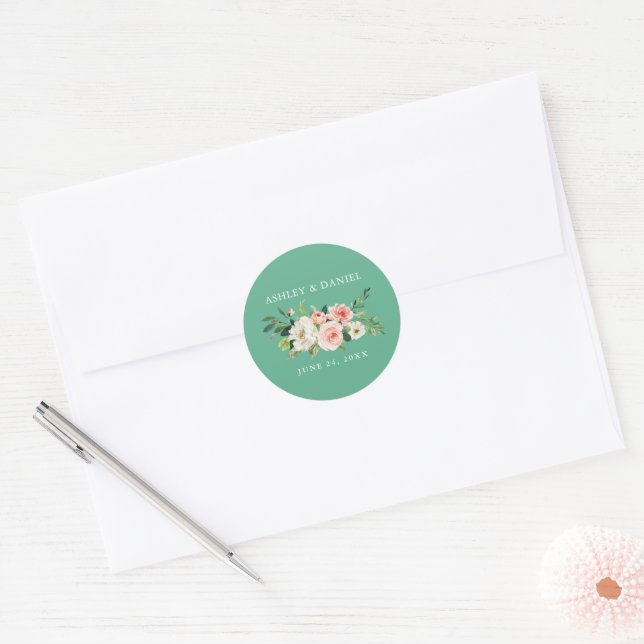 Sticker Rond Aquarelle Floral rose Mariage Neo Mint (Enveloppe)