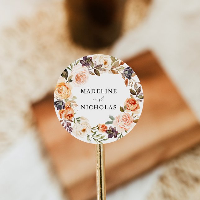 Sticker Rond Aquarelle Floral Rustique de Mariage d'Automne (Créateur téléchargé)