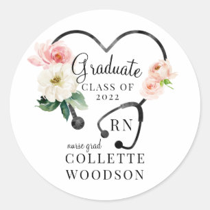 Sticker Rond Aquarelle Floral Stethoscope Infirmière Diplômée