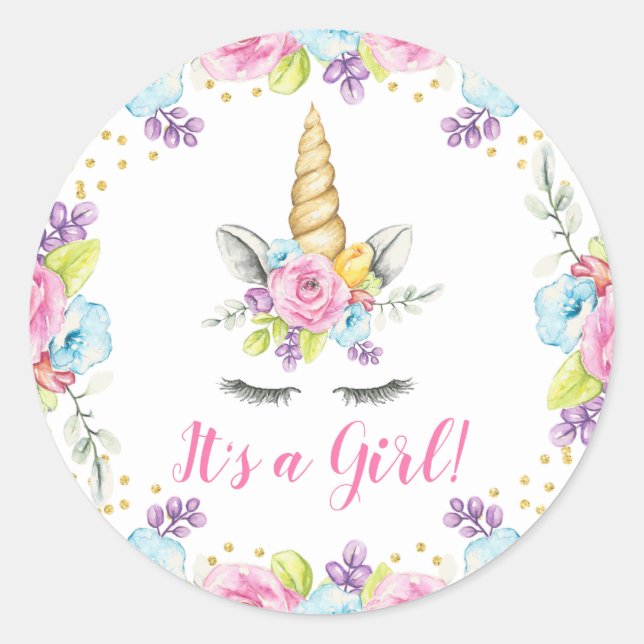 Sticker Rond Aquarelle Floral Unicorne C'est un Baby shower de  (Devant)