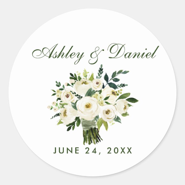 Sticker Rond Aquarelle Floral Vert Blanc Bouquet Mariage (Devant)