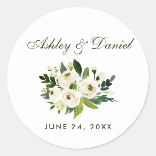 Sticker Rond Aquarelle Floral Vert et Blanc Mariage GS