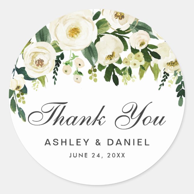Sticker Rond Aquarelle Floral Vert Mariage blanc Merci (Devant)