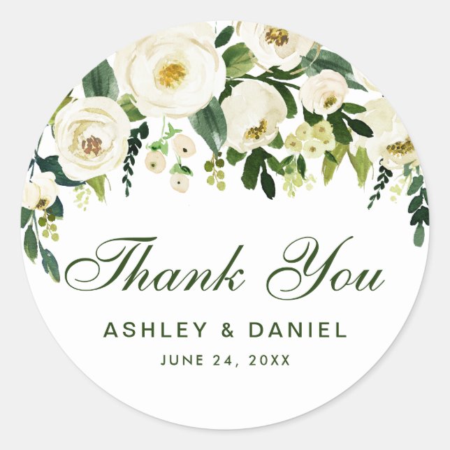 Sticker Rond Aquarelle Floral Vert Mariage blanc Merci G (Devant)