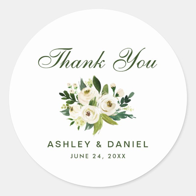 Sticker Rond Aquarelle Floral Vert Mariage blanc Merci Gr (Devant)