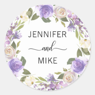 Sticker Rond Aquarelle Floral Wreath Lavender Lilac Mariage