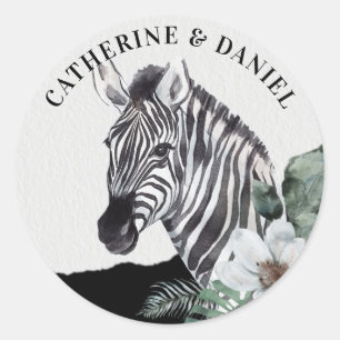Sticker Rond Aquarelle Floral Zebra Safari Mariages