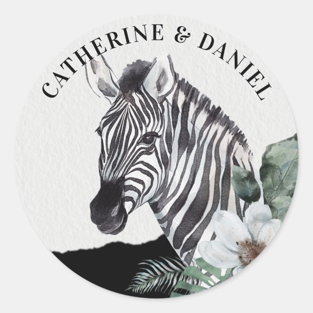 Sticker Rond Aquarelle Floral Zebra Safari Mariages (Devant)