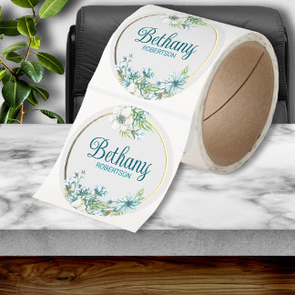 Sticker Rond Aquarelle Florale avec Accent de Feuille d'Or Pers
