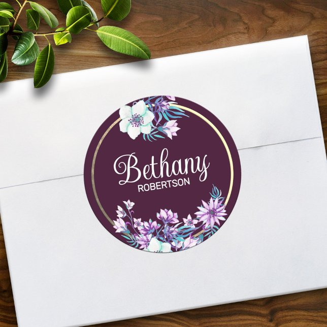 Sticker Rond Aquarelle florale avec accent de feuille d'or pers (Créateur téléchargé)