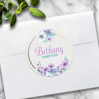 Sticker Rond Aquarelle Florale avec Accent de Feuille d'Or Pers