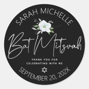 Sticker Rond Aquarelle florale bat mitzvah noir