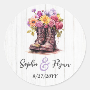 Sticker Rond Aquarelle Florale Boots & Mariage de bois de grang