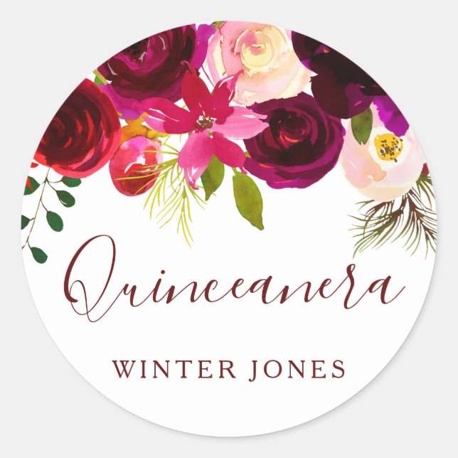 Sticker Rond Aquarelle Florale Bourgogne Quinceanera Party Favo (Devant)