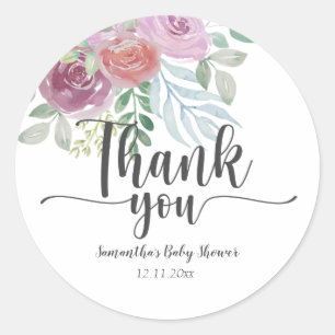 Sticker Rond Aquarelle Florale Bourgogne Rose Merci