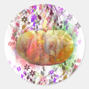 Sticker Rond Aquarelle Florale Citrouille Halloween automne sai
