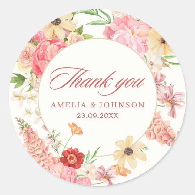 Sticker Rond Aquarelle florale crème au beurre mariage merci (Devant)