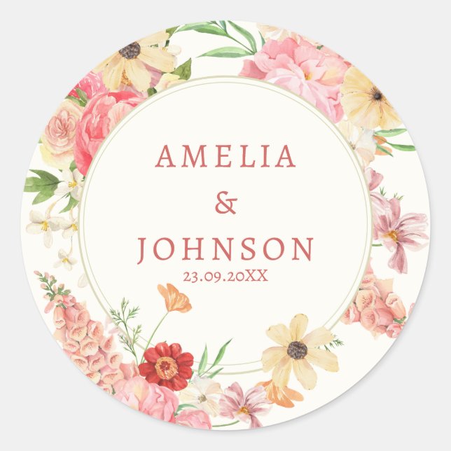 Sticker Rond Aquarelle florale crème au beurre nom du mariage (Devant)