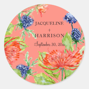 Sticker Rond Aquarelle florale de corail Chrysanthème chardon