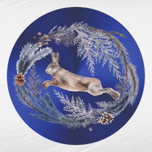 Sticker Rond Aquarelle florale de lapin bleu Noël