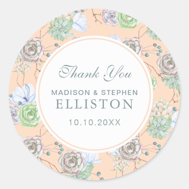 Sticker Rond Aquarelle florale de succulents | MERCI (Devant)
