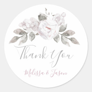 Sticker Rond aquarelle florale gris rose merci