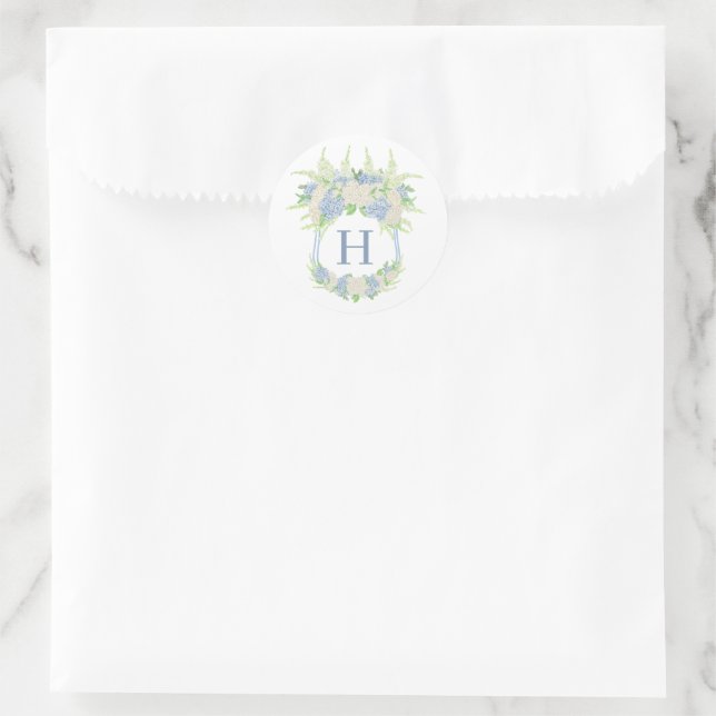 Sticker Rond Aquarelle Florale Hydrangea Bleu et Blanc Crest (Sac)