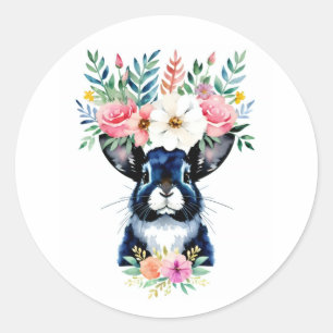 Sticker Rond Aquarelle florale lapin foncé portrait lapin