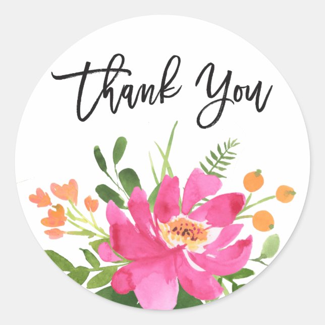 Sticker Rond Aquarelle Florale main lettrée Merci (Devant)