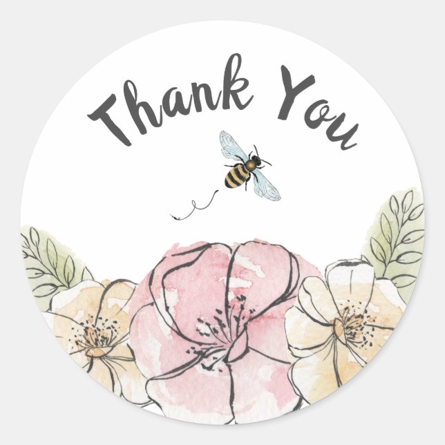 Sticker Rond Aquarelle florale Merci d'abeille (Devant)