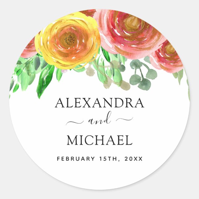 Sticker Rond Aquarelle florale Moderne Elégant Mariage de print (Devant)