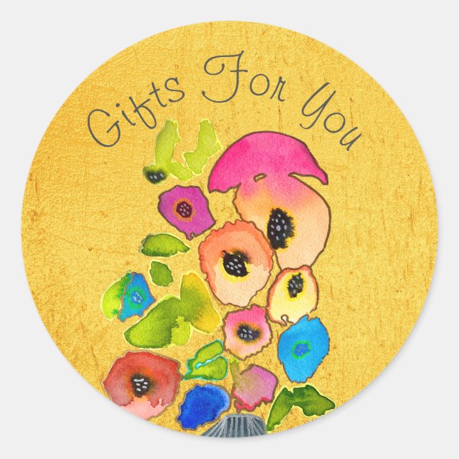 Sticker Rond Aquarelle florale or Cadeau marque commerciale (Devant)