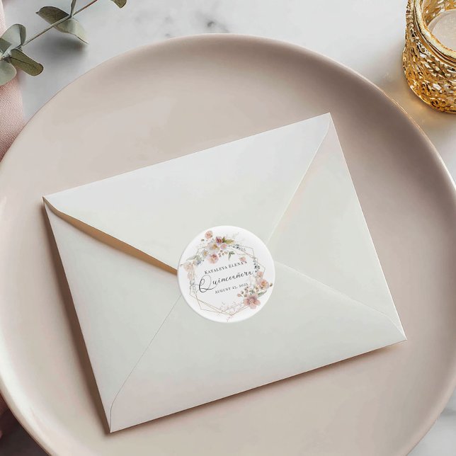 Sticker Rond Aquarelle Florale Quinceanera (Créateur téléchargé)