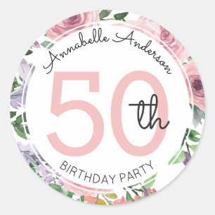 Sticker Rond Aquarelle florale rose pâle moderne 50e anniversai