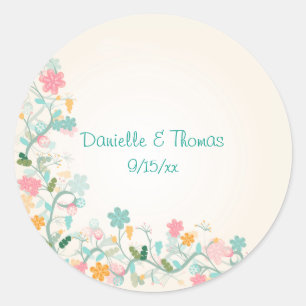 Sticker Rond Aquarelle Florale Rose Vert Turquoise Mariage